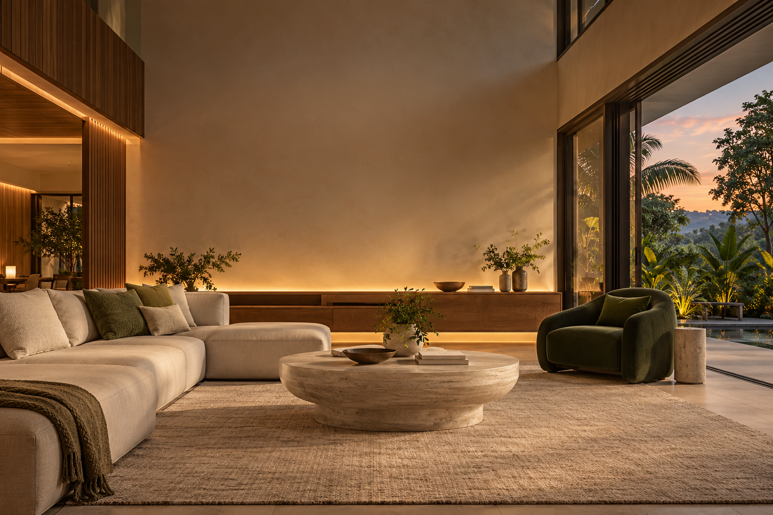 A warm contemporary living room opening onto tropical greenery